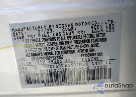 2023 Nissan Sentra Sv z USA, uszkodzony, nr VIN 3N1AB8CV9PY322367